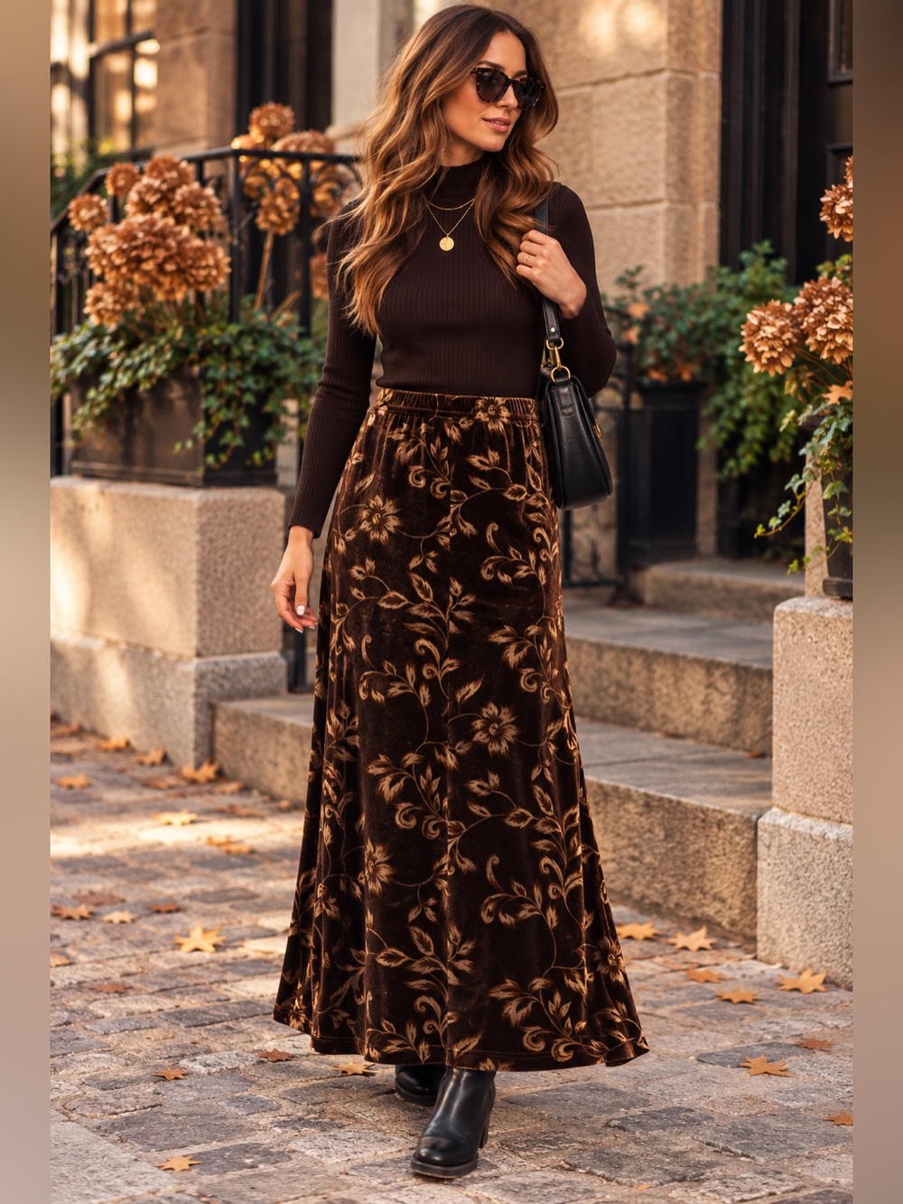 Coldwater Creek Vintage Velvet Maxi Skirt Brown Floral Whimsigoth Y2K Large